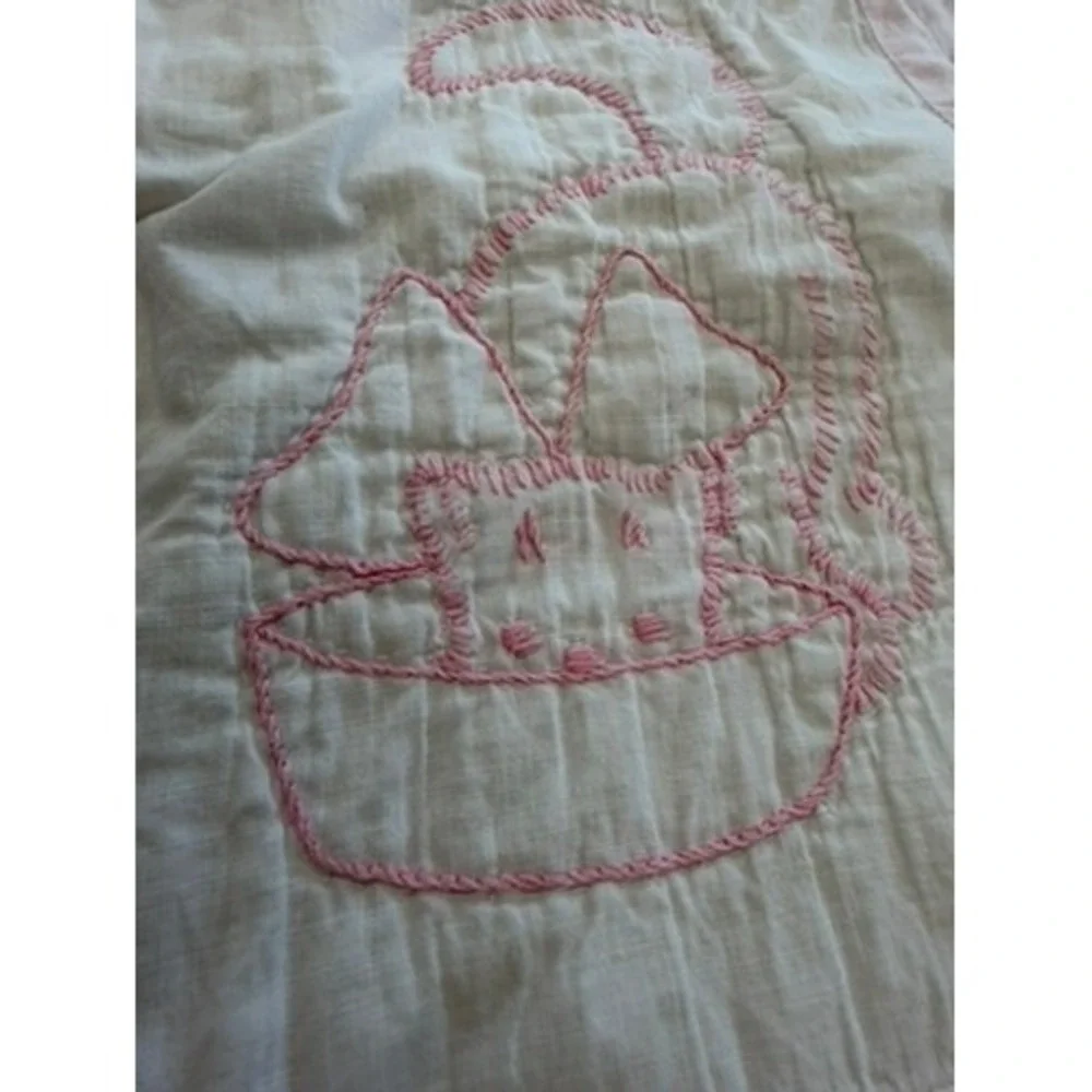 Vintage Hand Embroidered Baby Quilt Pink White Nursery Rhyme Patchwork 54x43